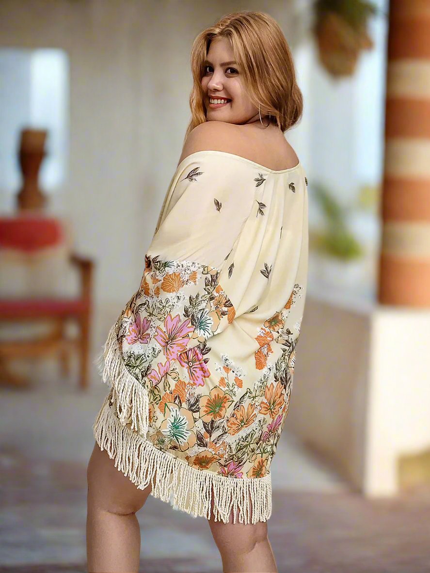 Plus Size Open Front Floral Fringe Kimono