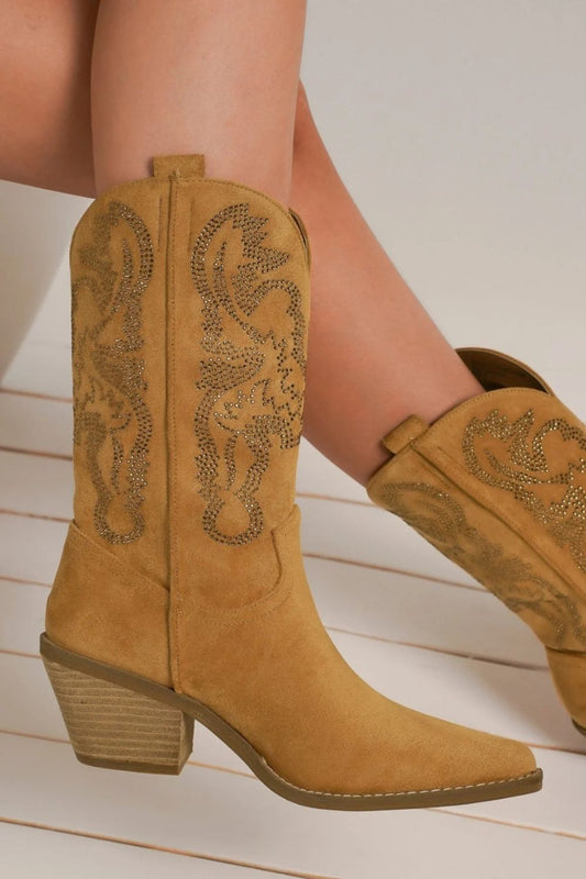 Vegan Suede Rhinestone Cowgirl Boots in Camel