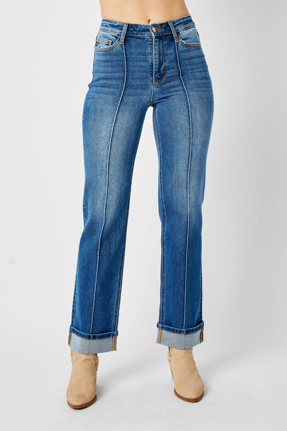 Medium Wash High Waist Front Seam Detail Straight Jeans