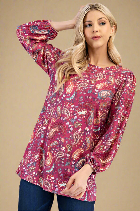 Paisley Print Three-Quarter Sleeve Top in Cerise