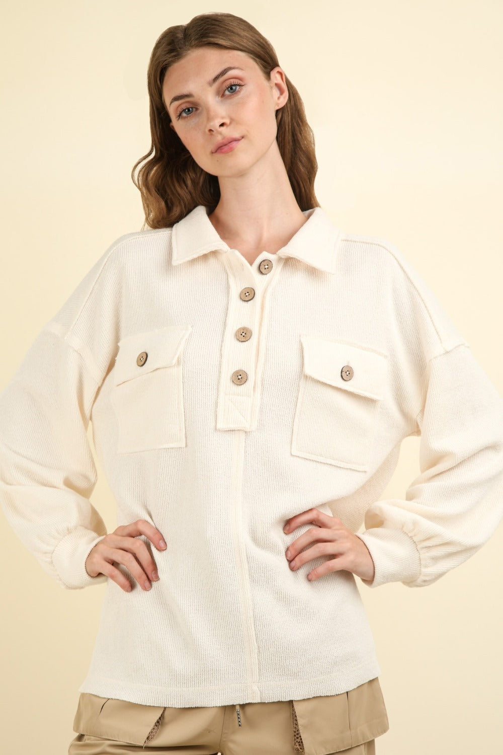 Collared Half Button Knit Top in Cream