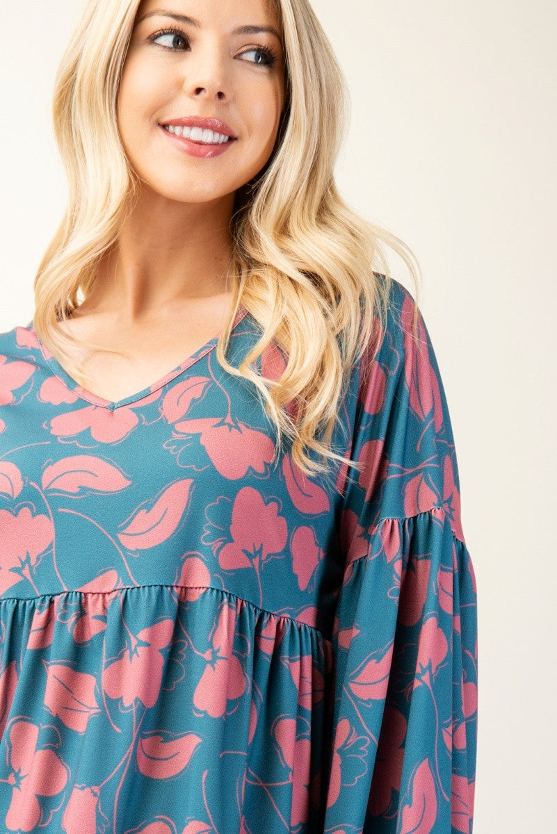 Floral V-Neck Long Sleeve Blouse in Teal