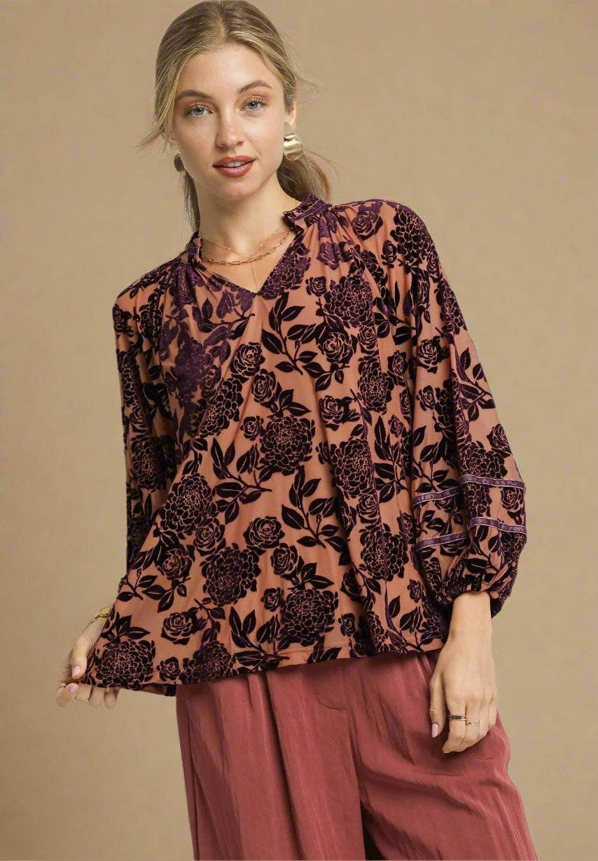 Rust Velvet Floral Print Top