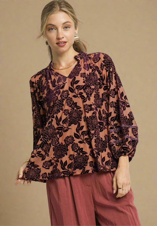 Rust Velvet Floral Print Top