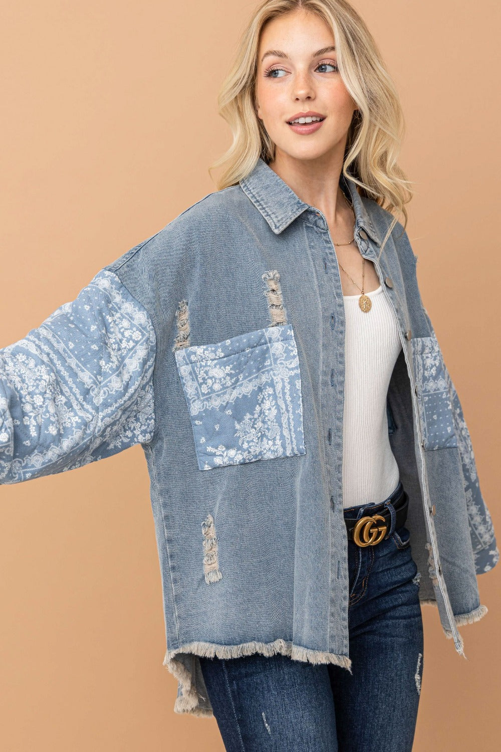 Light Wash Paisley Print Quilted Sleeves Denim Jacket