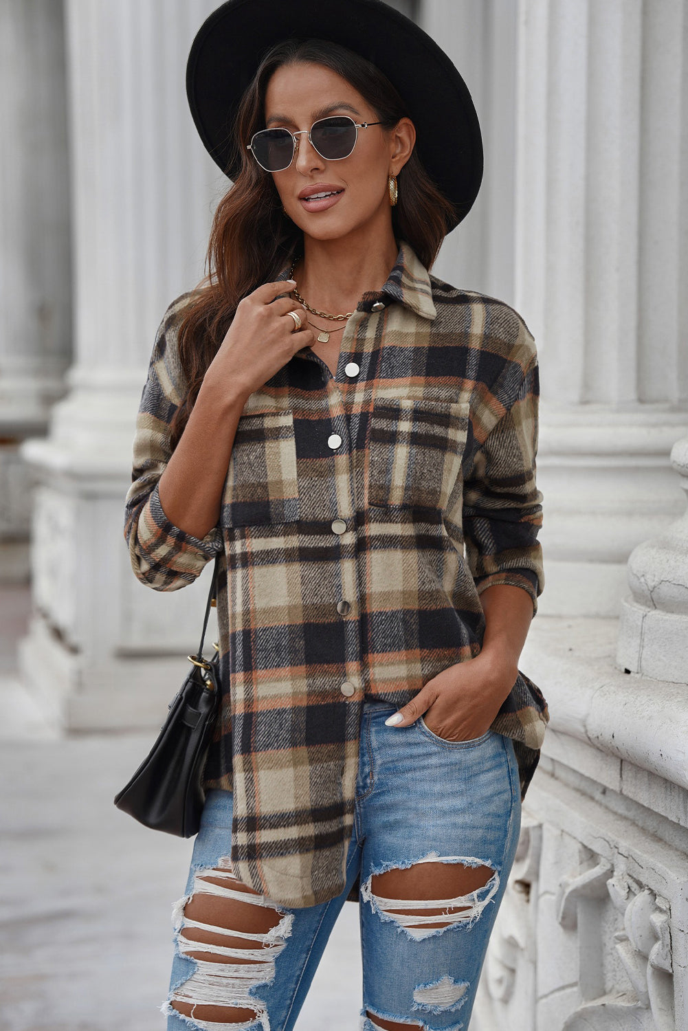 Plaid Curved Hem Longline Shacket