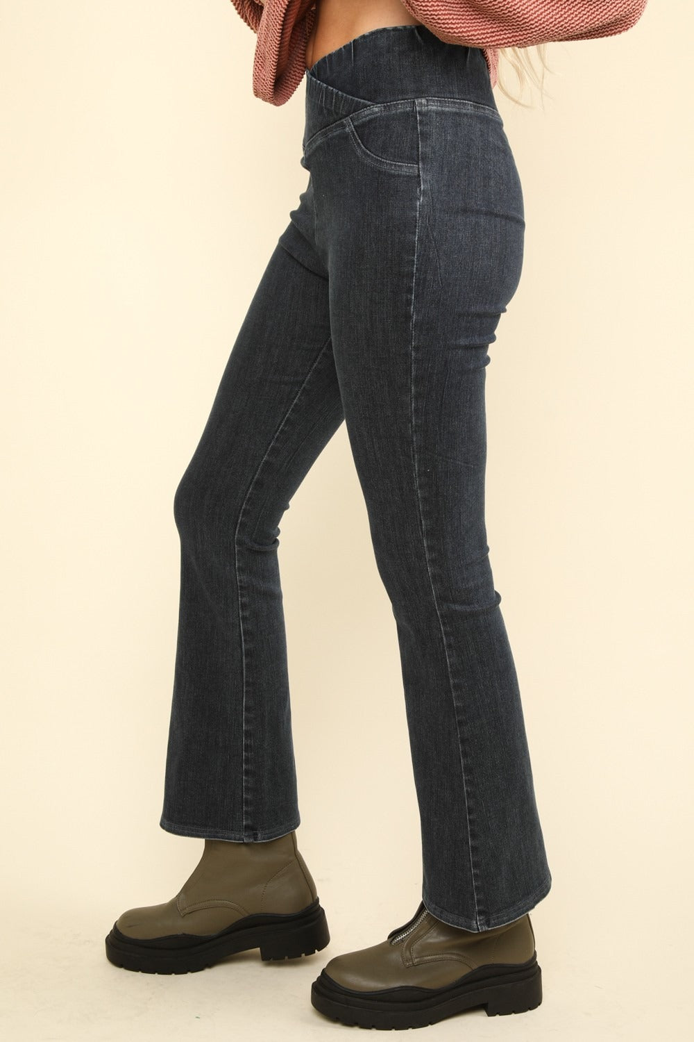 Black Washed Denim Crossover Waist Leggings