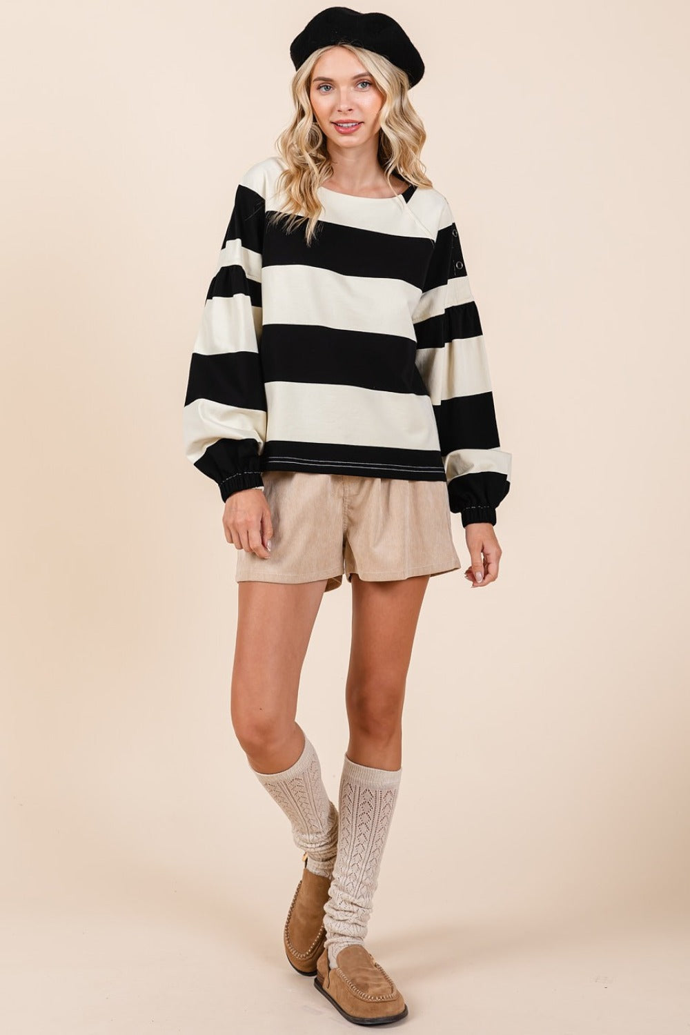 Black Ivory Striped Snap Shoulder Long Sleeve T-Shirt