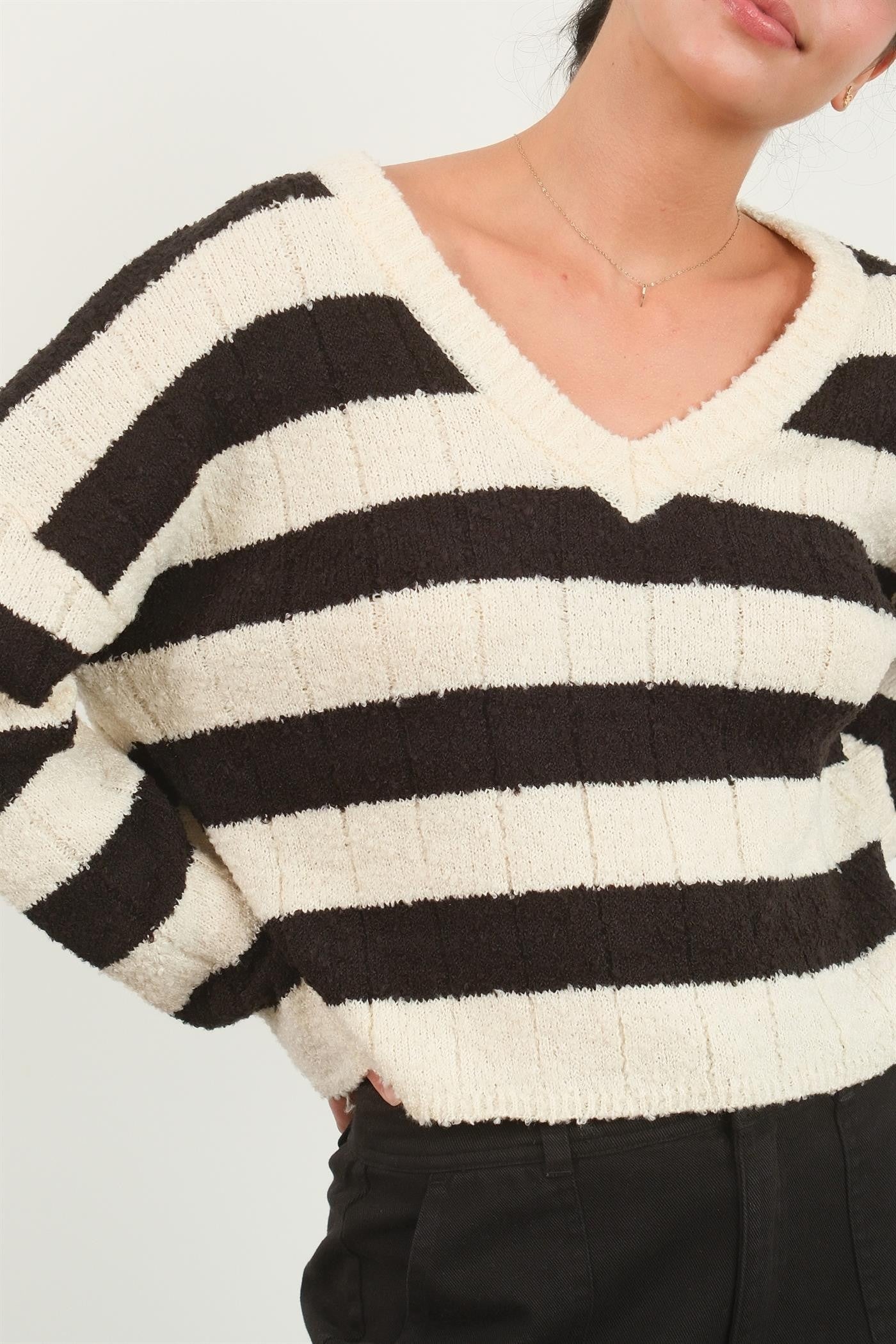 Black & Cream Striped Cropped V-Neck Sweater