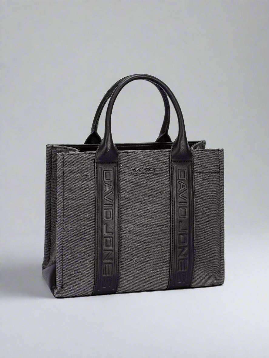 Black and gray tote bag with 'DAVID JONES' branding on a white background