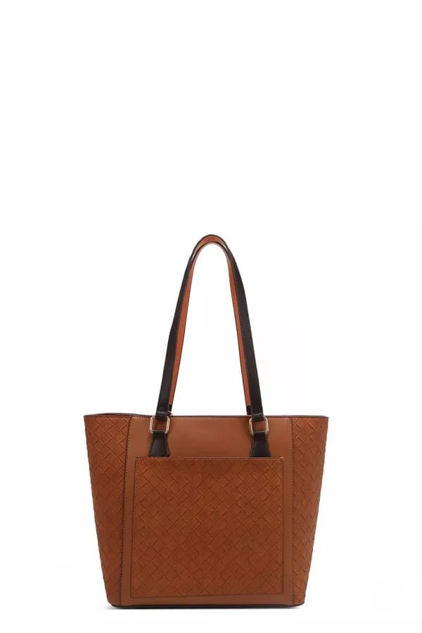 Brown tote bag with black straps on a white background