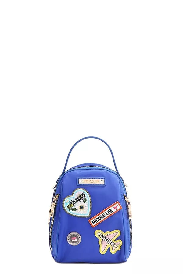Blue backpack with colorful patches on a white background