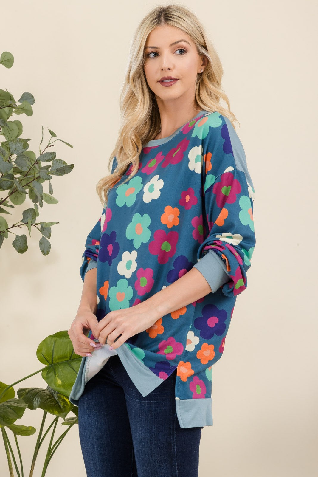 Flower Print Long Sleeve Tunic Top in Teal