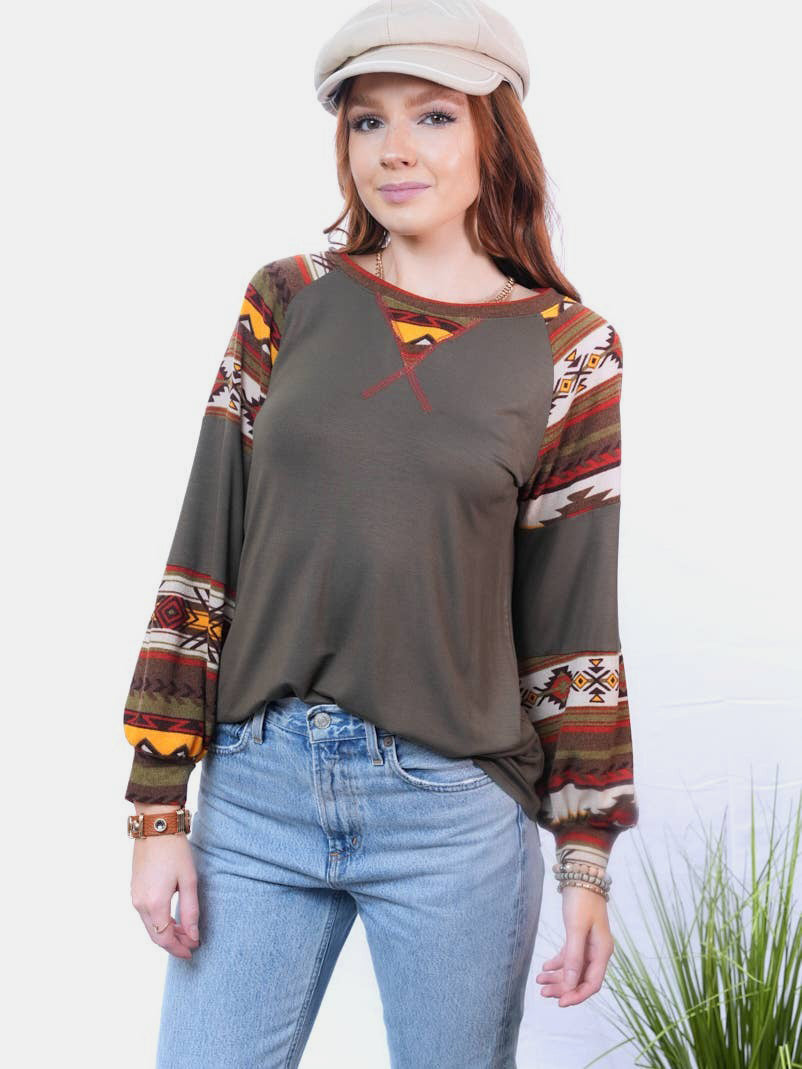 Aztec Print Long Sleeve Top in Dark Olive