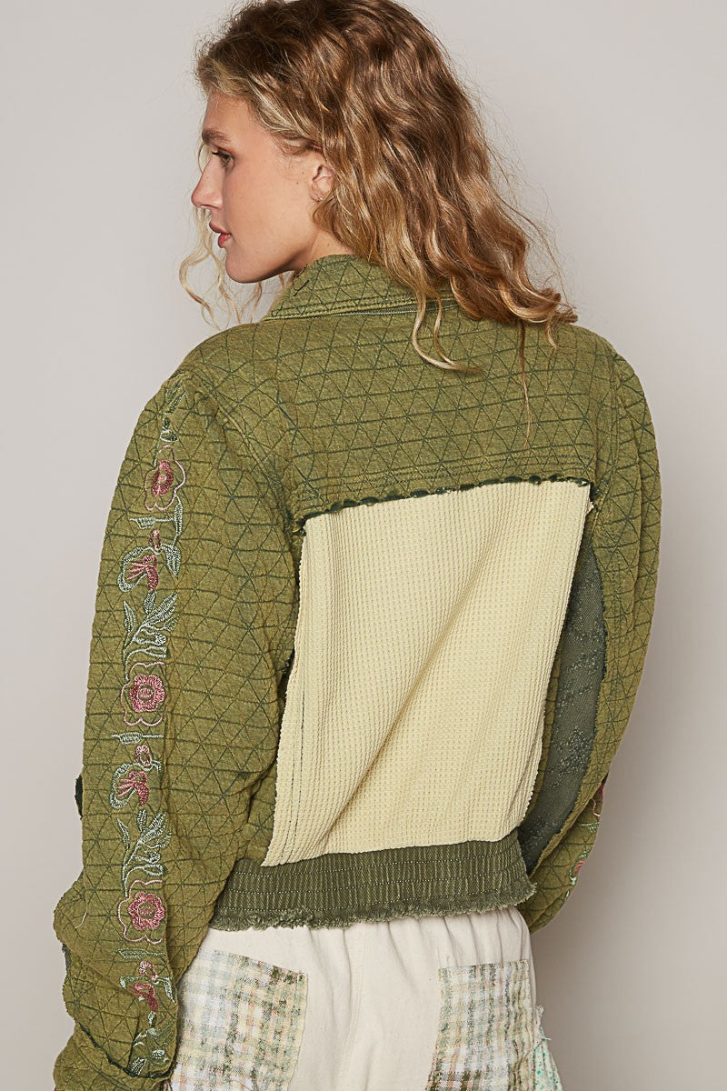 Embroidered Sleeve Quilted Jacket in Basil