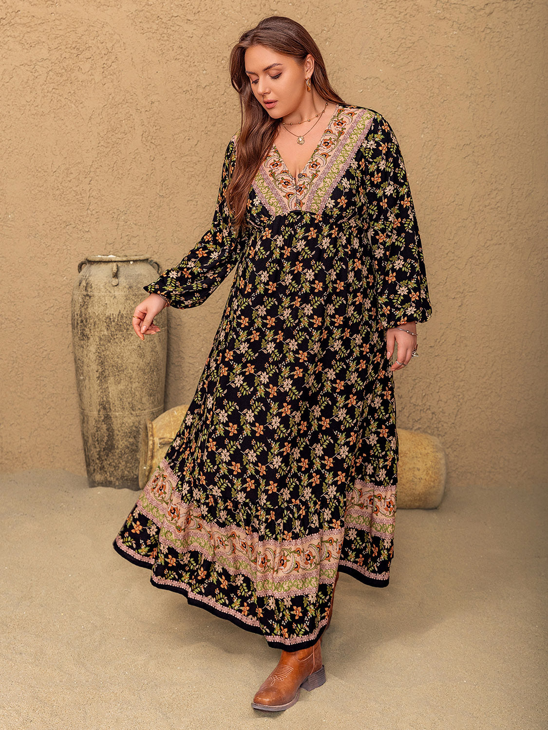 Plus Size Floral V-Neck Maxi Dress