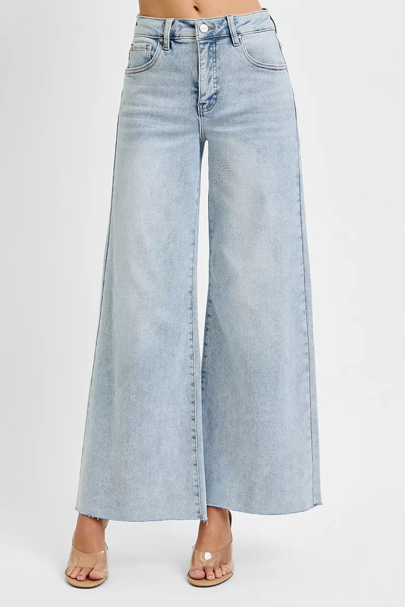 Light blue wide-leg jeans on a white background