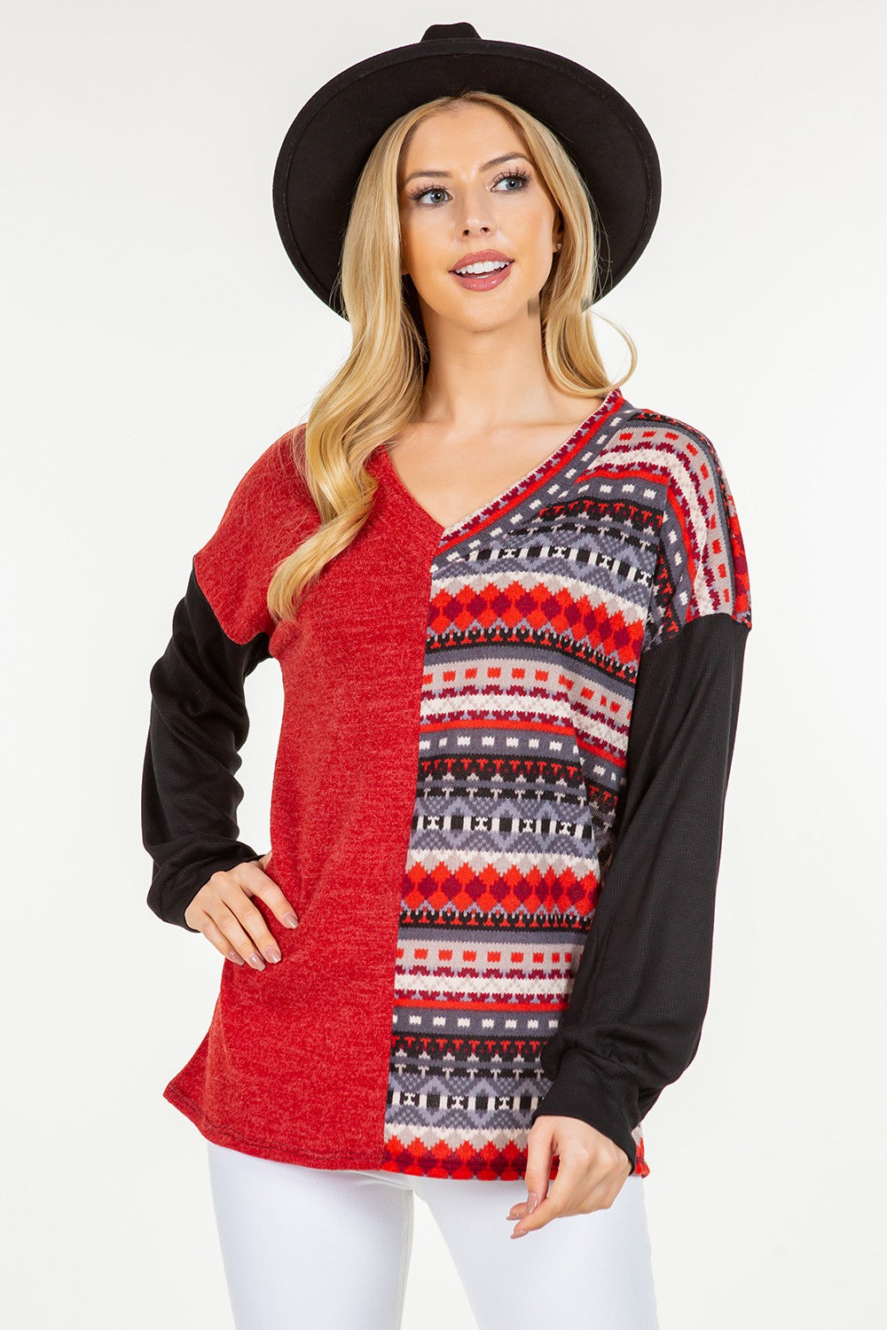 Red Geometric Print V-Neck Blouse