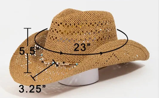 Brown straw hat with measurements on a white background