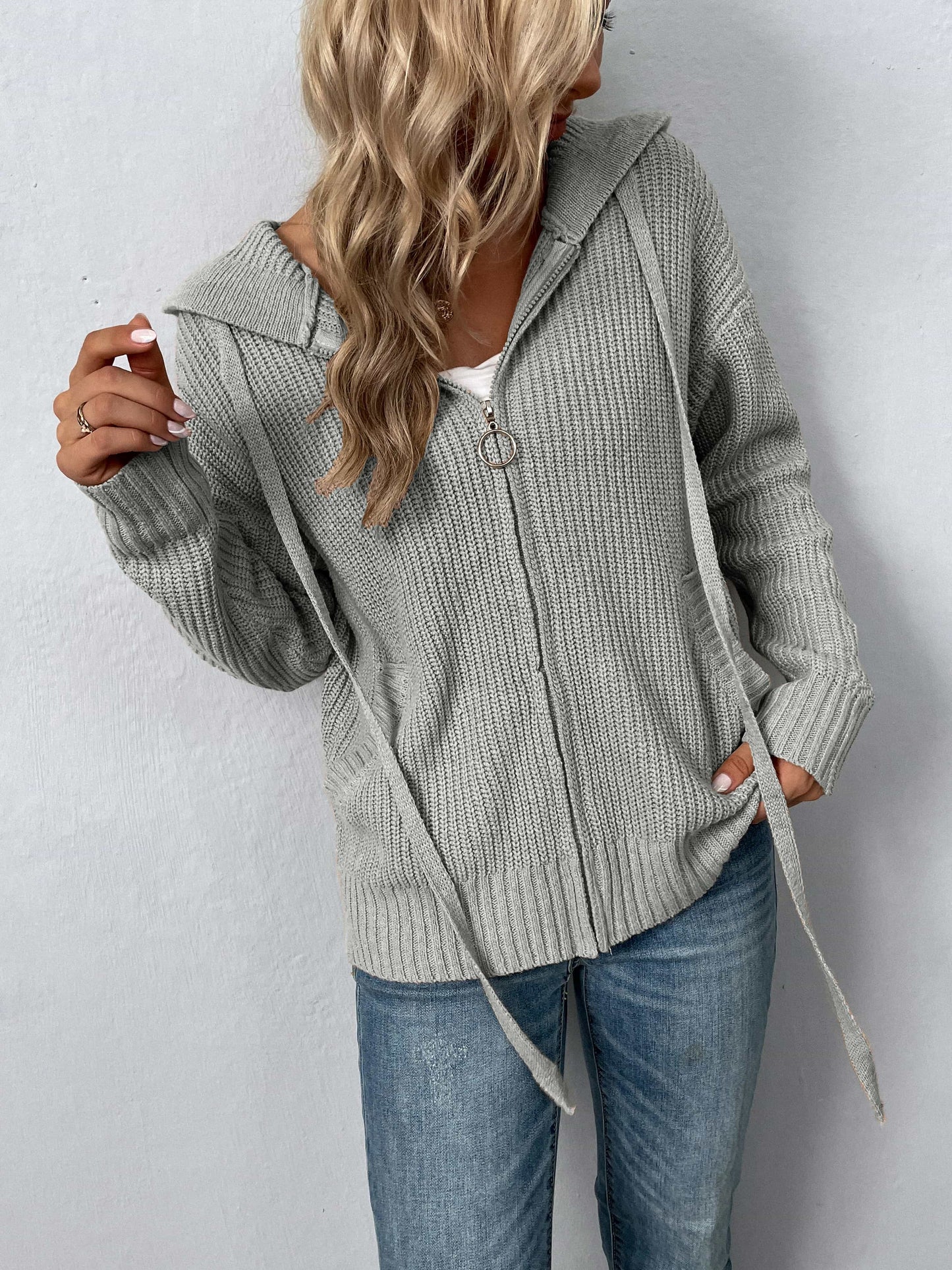 Rib Knit Zip-Up Hooded Cardigan