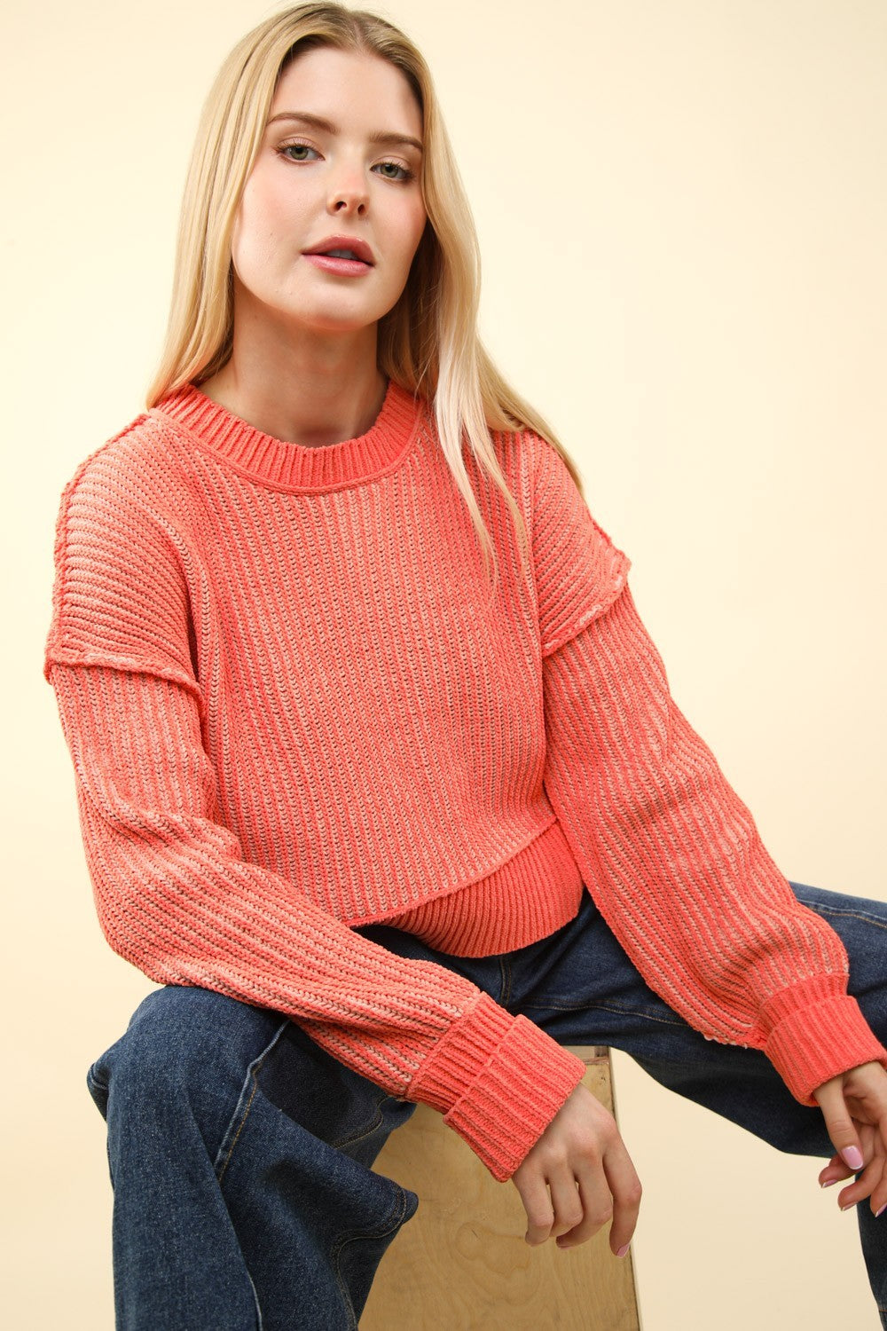 Exposed Seams Cropped Striped Sweater in Coral