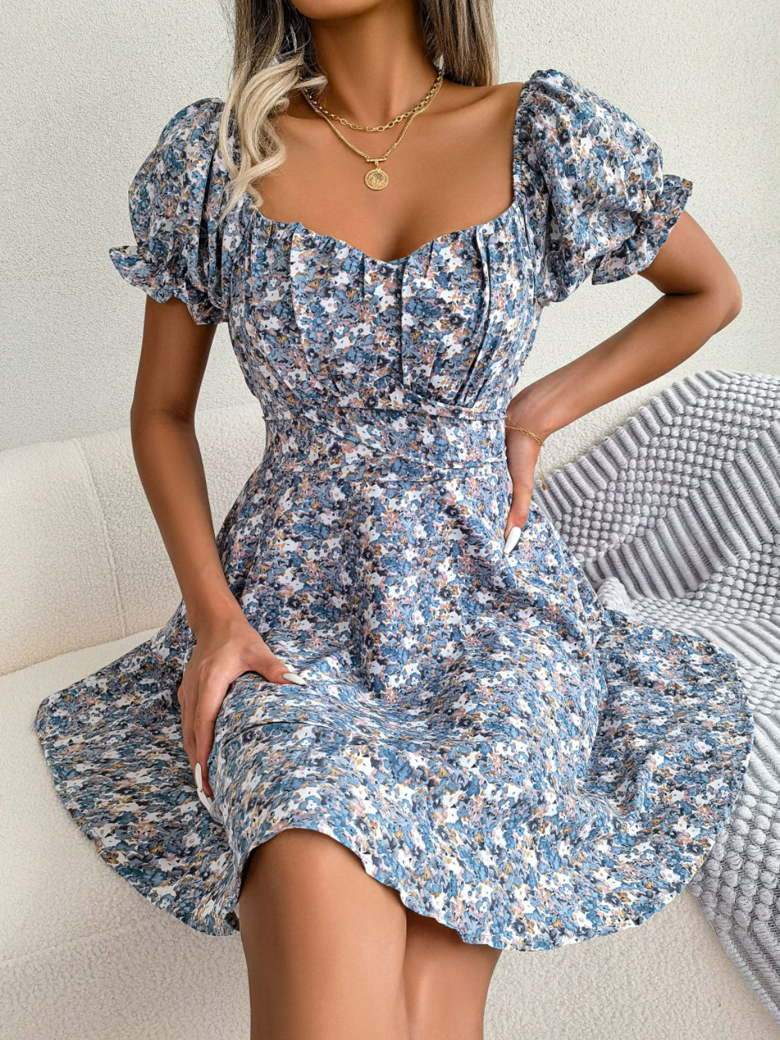 Floral Sweetheart Neck Puff Sleeve Mini Dress