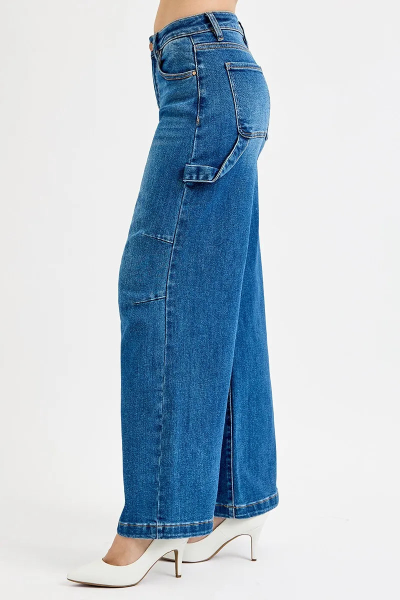 Blue wide-leg jeans on a white background