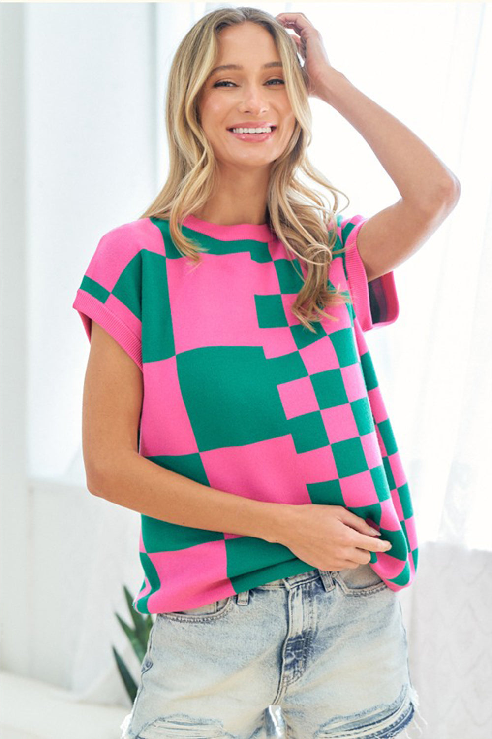 Checkered Drop Shoulder Knit Top in Green Pink