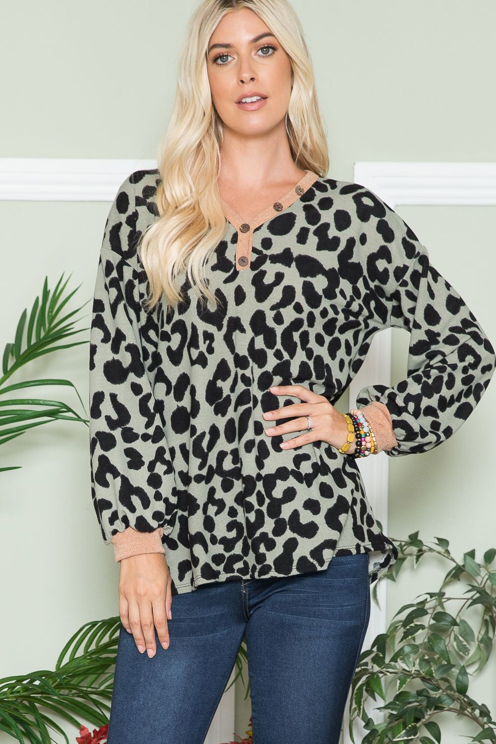 Leopard Print V-Neck Long Sleeve Blouse in Olive