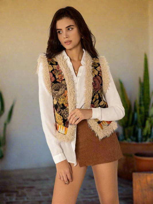 Floral Jacquard Faux Fur Trim Vest