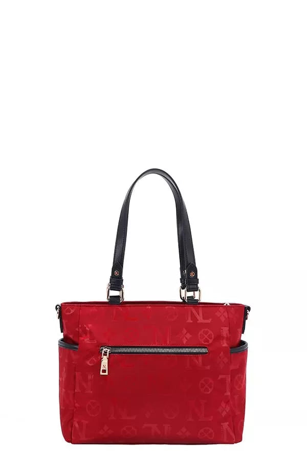 Red handbag with black handles and trim on a white background