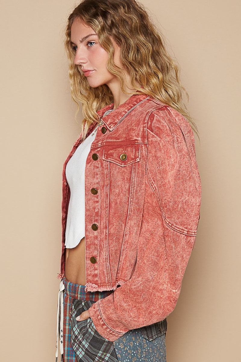 Brick Red Raw Hem Puff Sleeve Cropped Denim Jacket