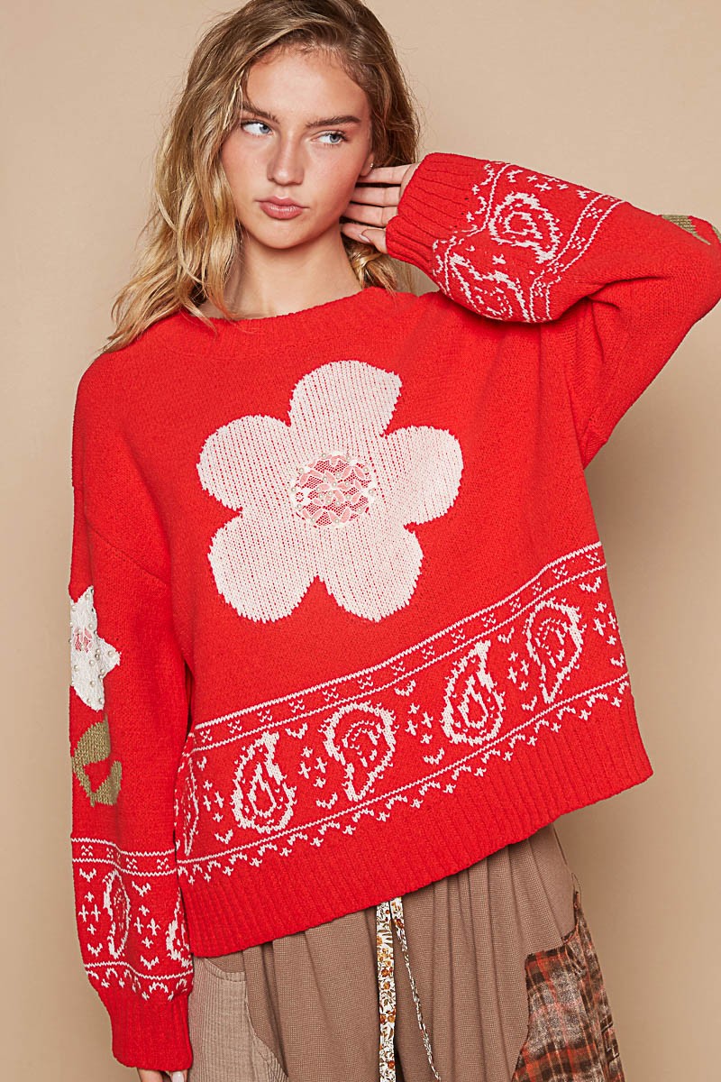 Red Lace Flower Patch Long Sleeve Sweater