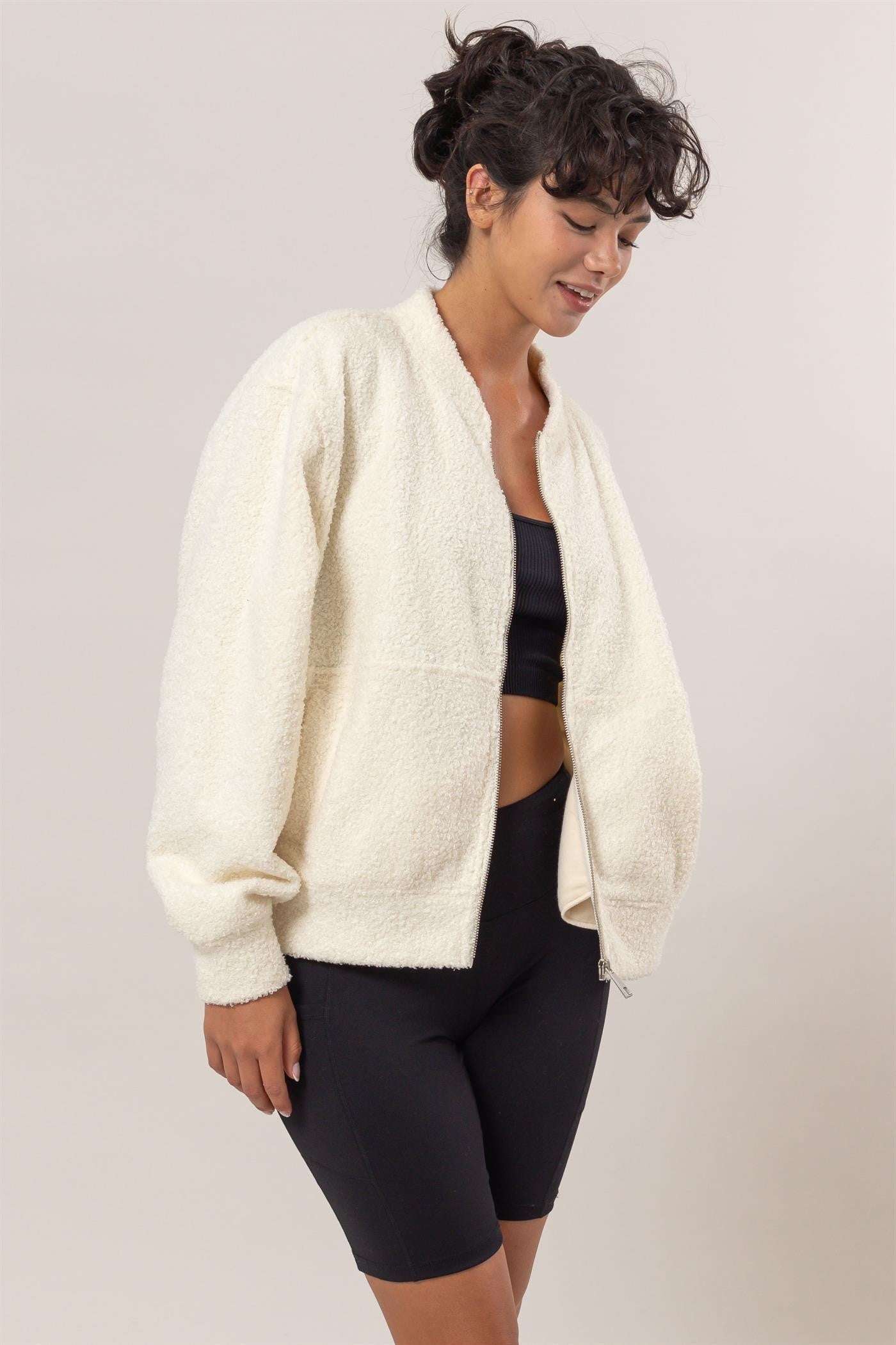 Zip Front Long Sleeve Fleece Jacket in Cream