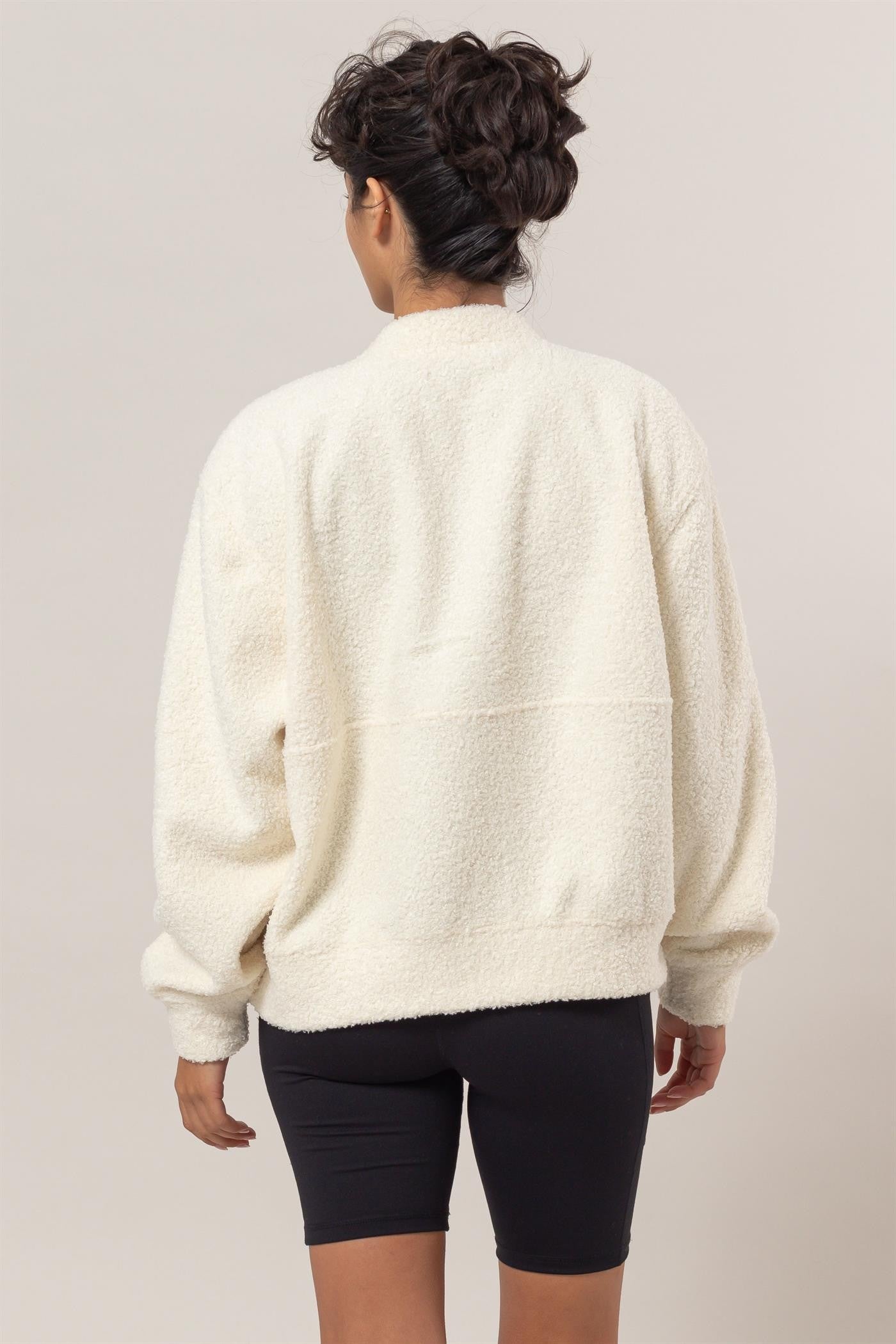 Zip Front Long Sleeve Fleece Jacket in Cream