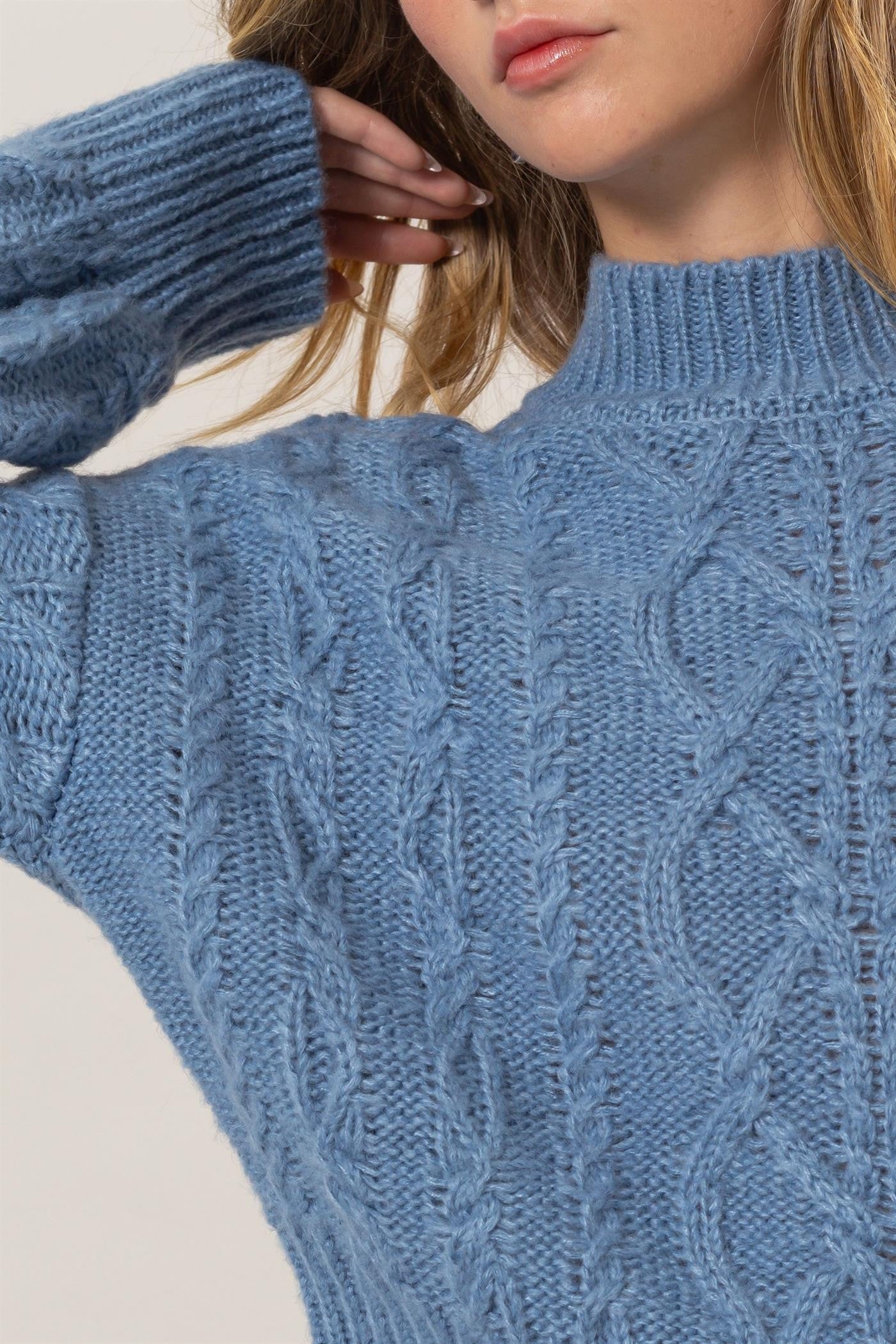 Gray Blue Cable Knit Mock Neck Sweater