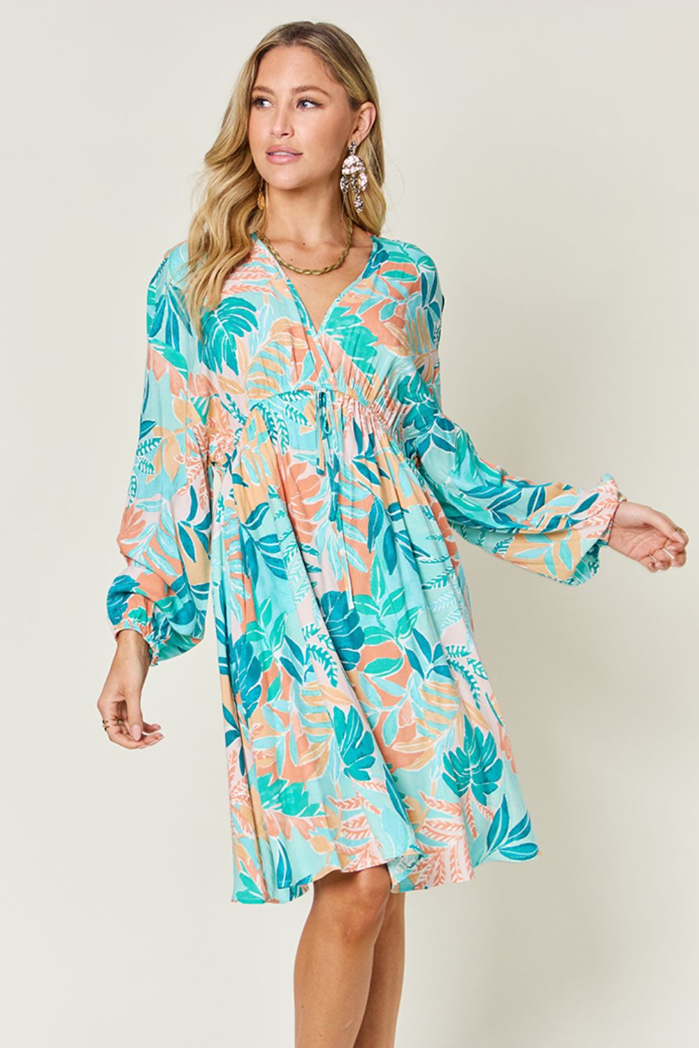 Floral Print V-Neck Drawstring Knee-Length Dress in Turquoise