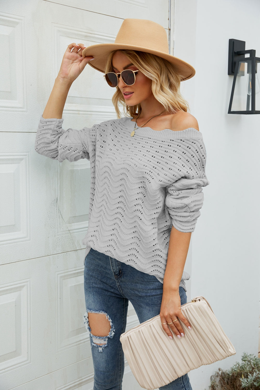 Scalloped Boat Neck Crochet Tunic Sweater