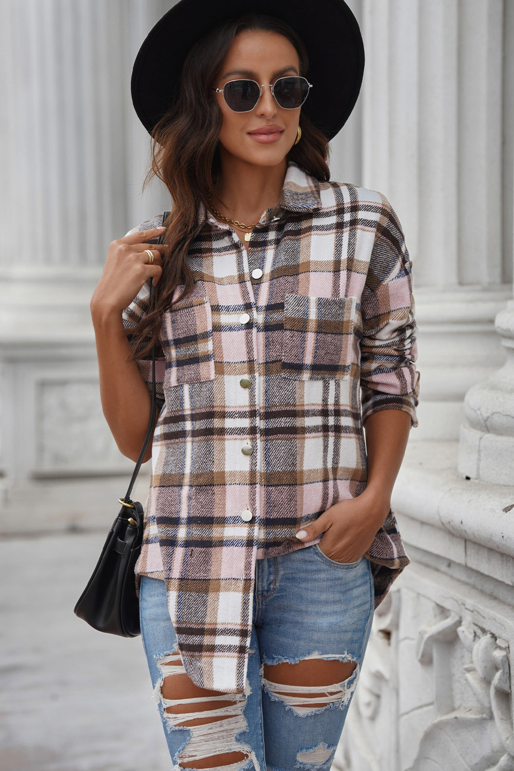 Plaid Curved Hem Longline Shacket