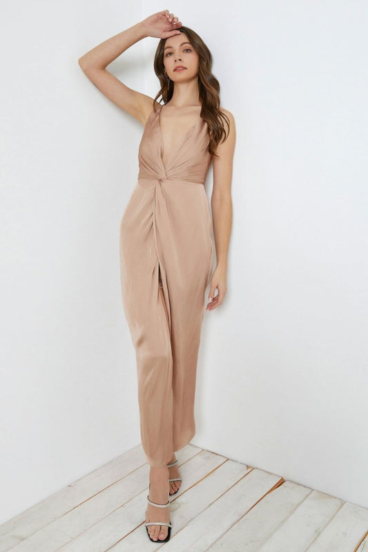 Twisted Front Backless Maxi Slip Dress in Rose Beige