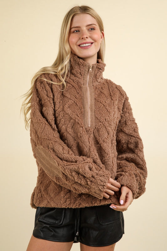 Fuzzy Fleece Half Zip Cable Pattern Sweatshirt in Mocha