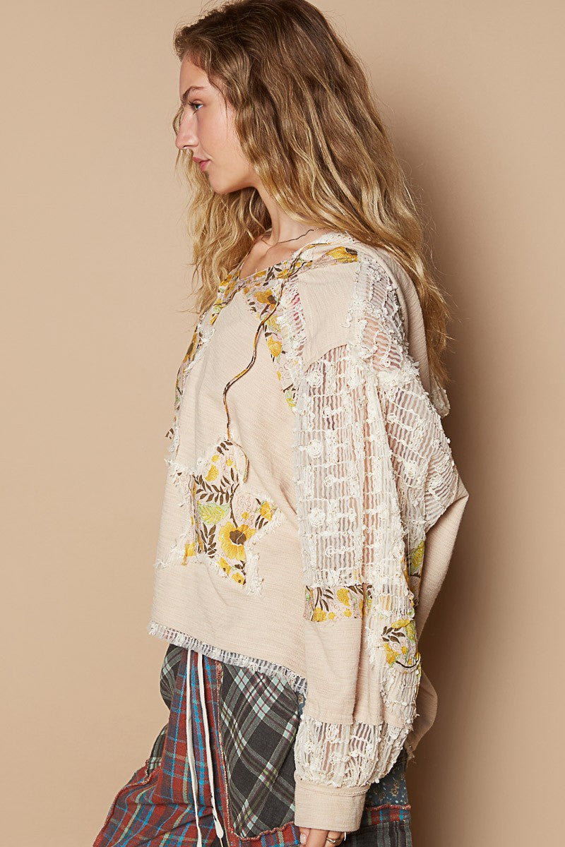 Beige Star Patch Lace Sleeve Hooded Top