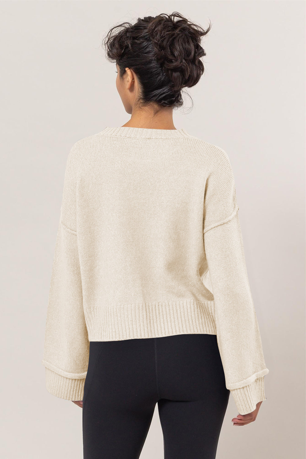 Dropped Shoulder Rib Knit Sweater in Cream