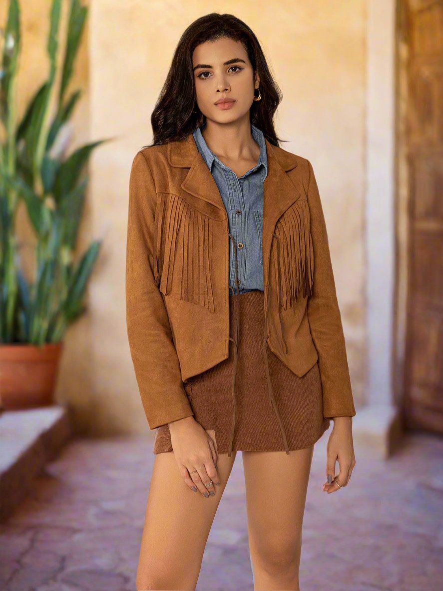 Tie Front Fringe Jacket in Caramel