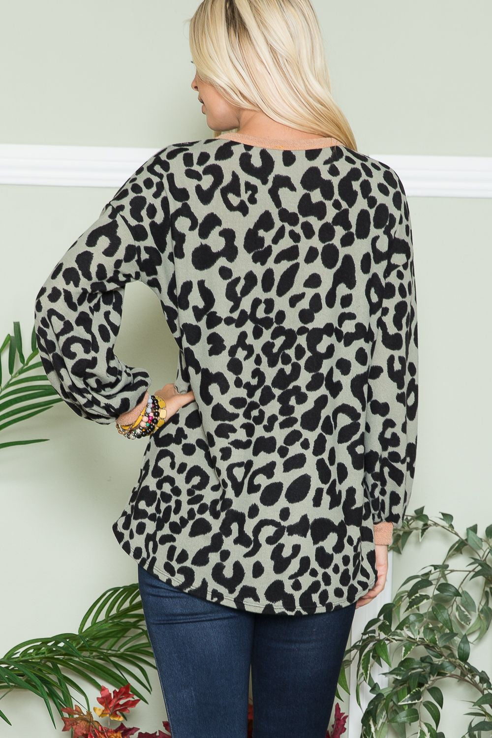 Leopard Print V-Neck Long Sleeve Blouse in Olive