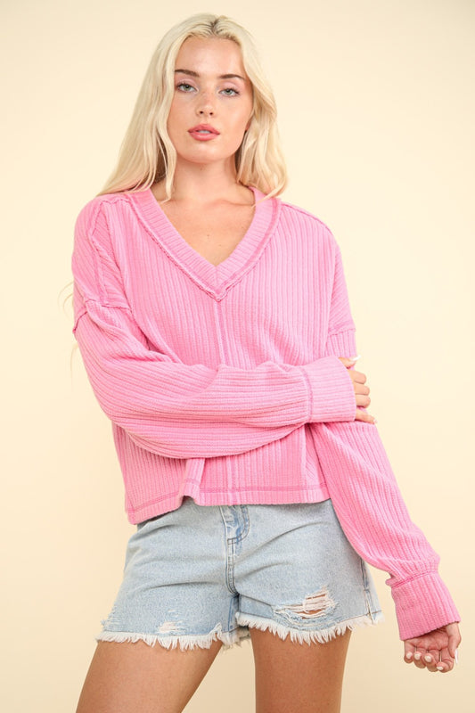 Pink Exposed Seams V-Neck Top