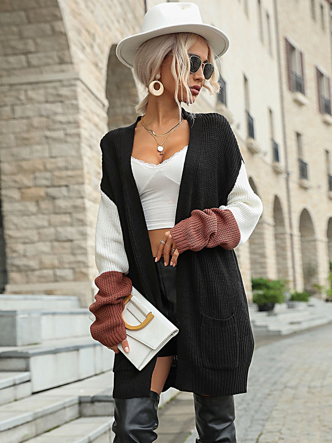 Black Tricolor Longline Cardigan with Pockets