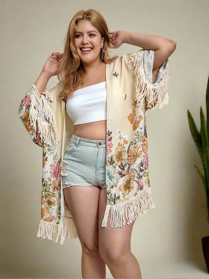 Plus Size Open Front Floral Fringe Kimono