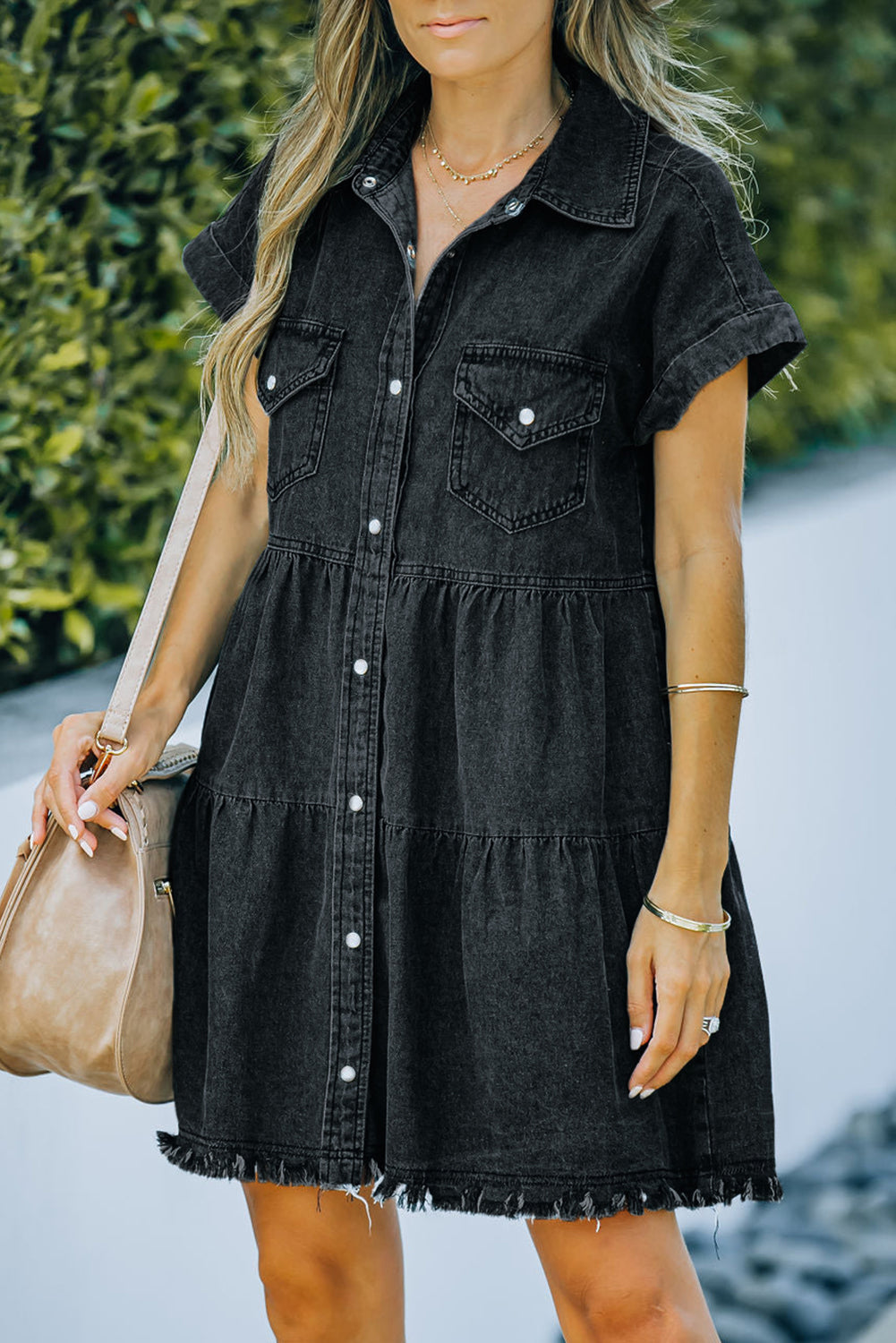 Button Front Raw Hem Denim Mini Dress