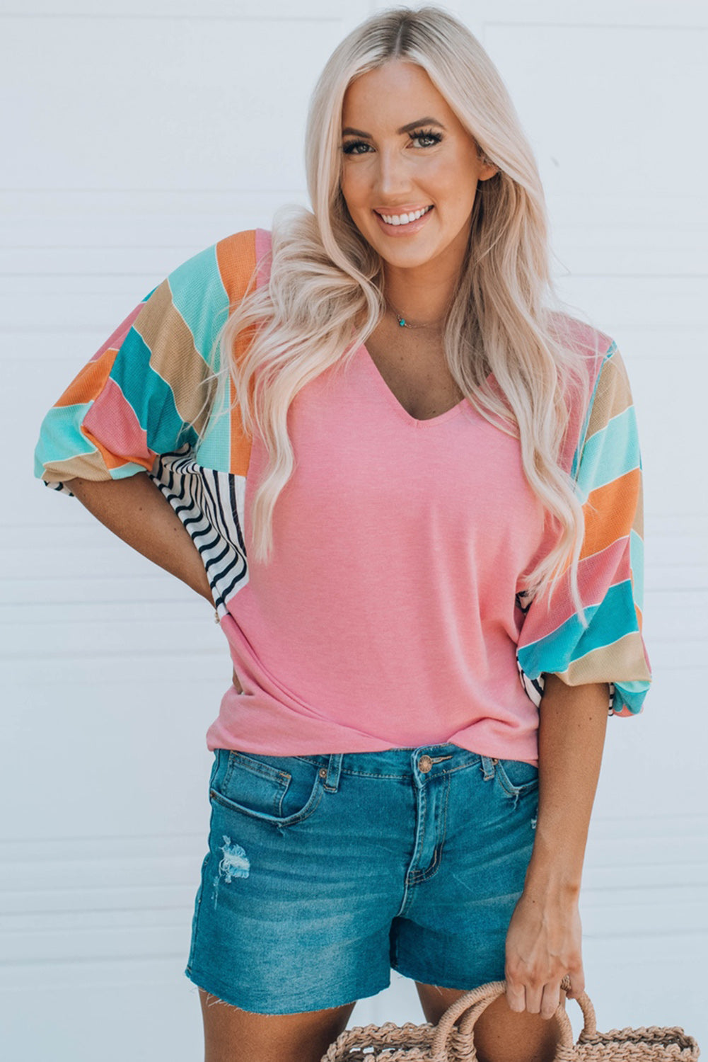 Pink Striped Dolman Sleeve V-Neck Top